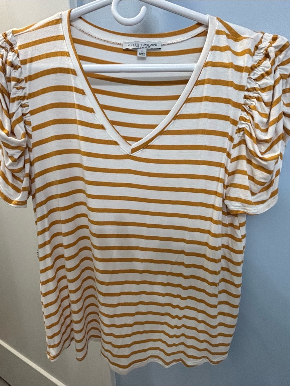 Green Envelope White and Mustard Striped V-Neck Puff Sleeve Tee